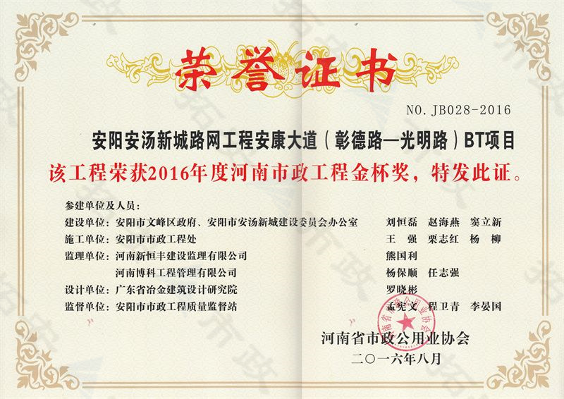 安康大道(彰德路-光明路)BT項目金杯獎