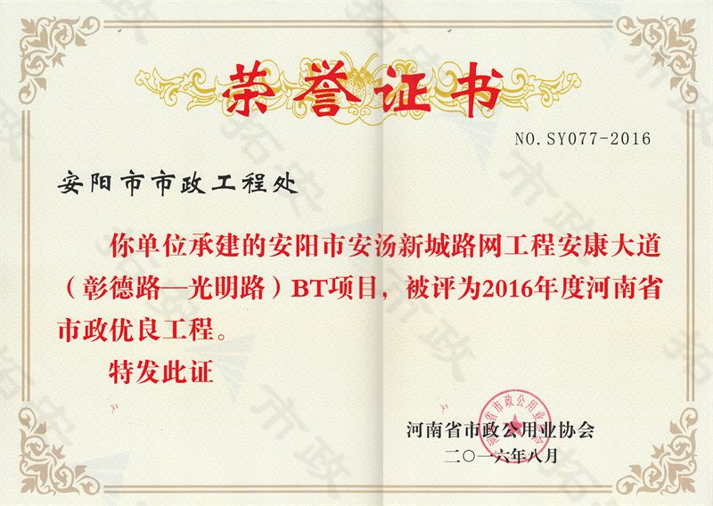 安康大道(彰德路-光明路)BT項目省優