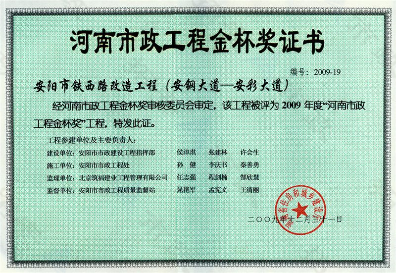 鐵西路(安鋼大道-安彩大道)金杯獎(jiǎng)